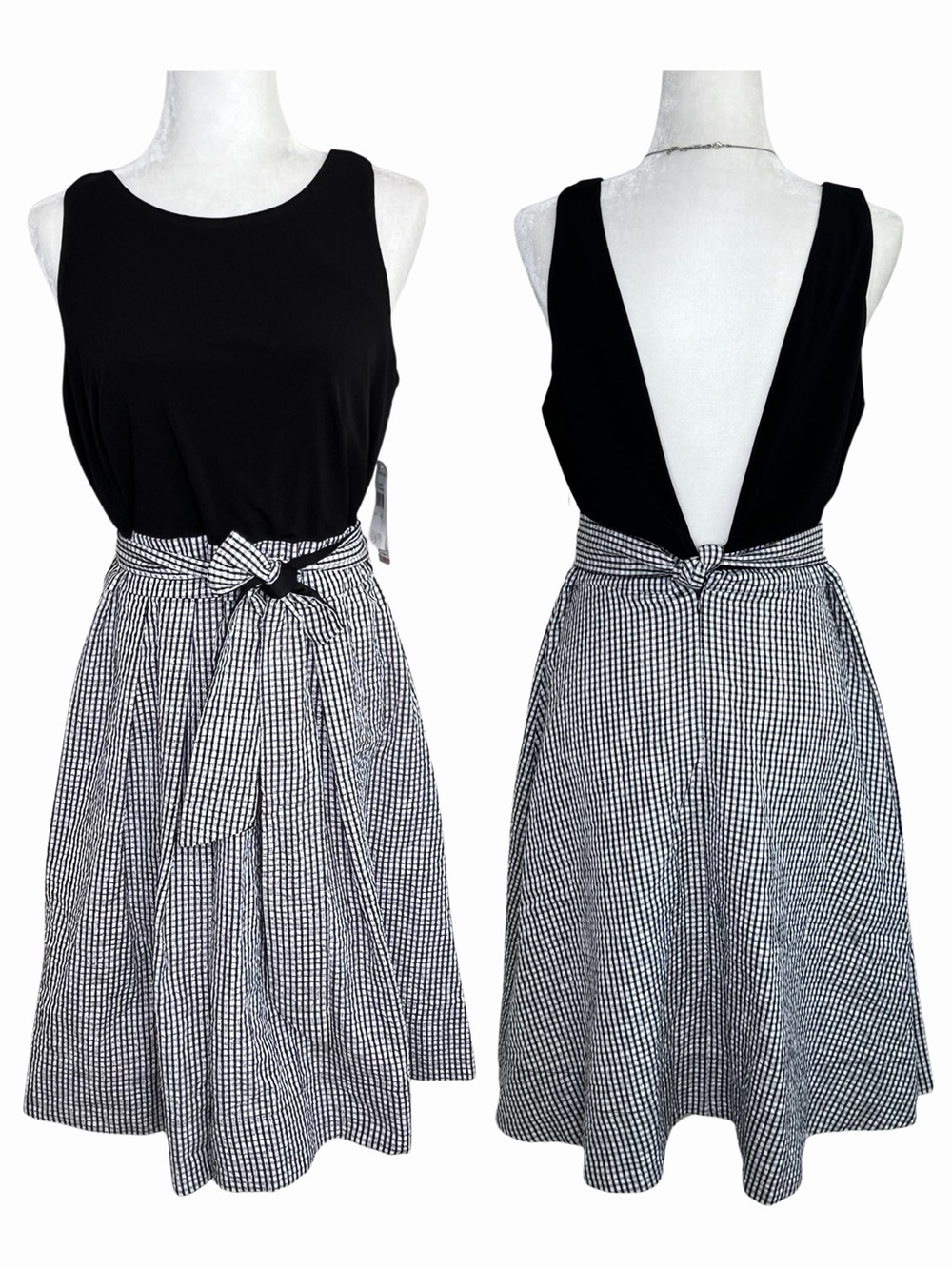 NEW Tie Waist Dress Gingham Flared Skirt Black White Silver 12 Large Robbie Bee